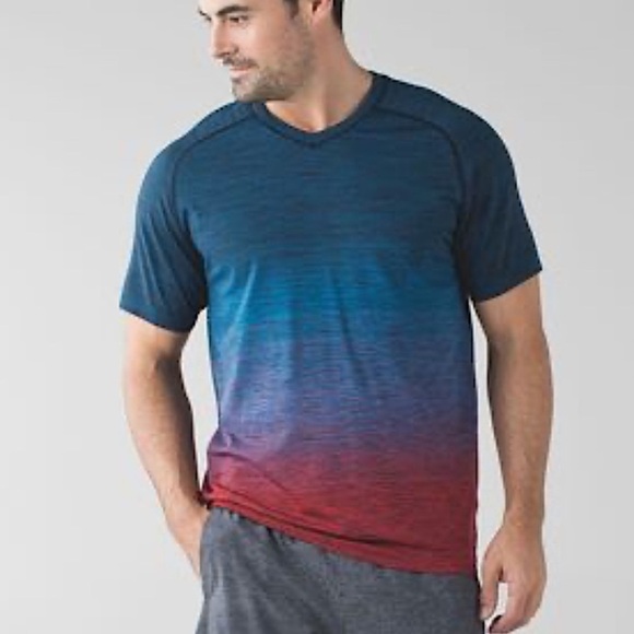 Lululemon Metal Vent Tech Short Sleeve V Neck Shirt Deep Navy Blue Red Ombre XL - Picture 1 of 8